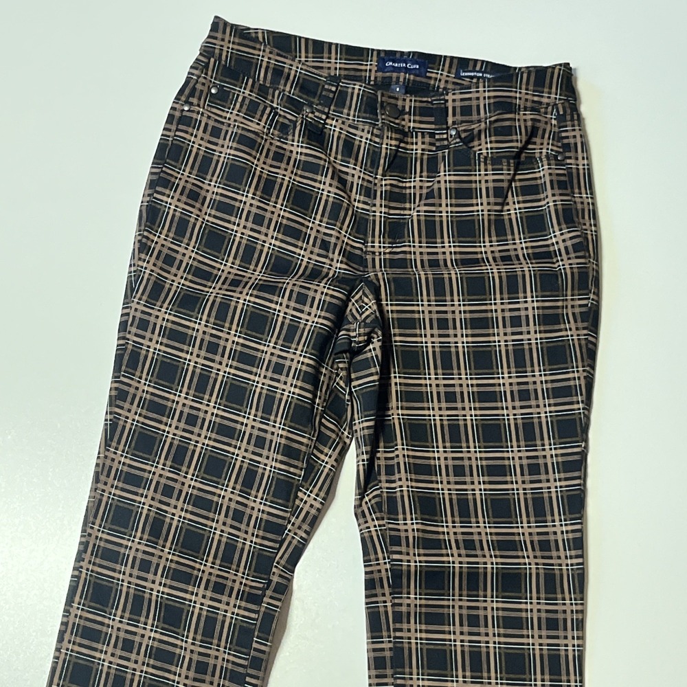 Charter Club Lexington Straight Plaid Pants Brown Black Womens 6 Stretch Cotton